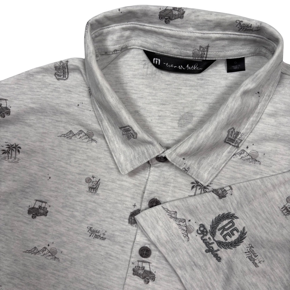 Travis Mathew Polo‎ Men XL (FIT M) Gray Stolen Time Tropical Golf Cart Ridglea